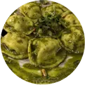Ravioloni di Cernia con Pesto al Basilico e Aneto - Ristorante di Pesce Canaan Forlì